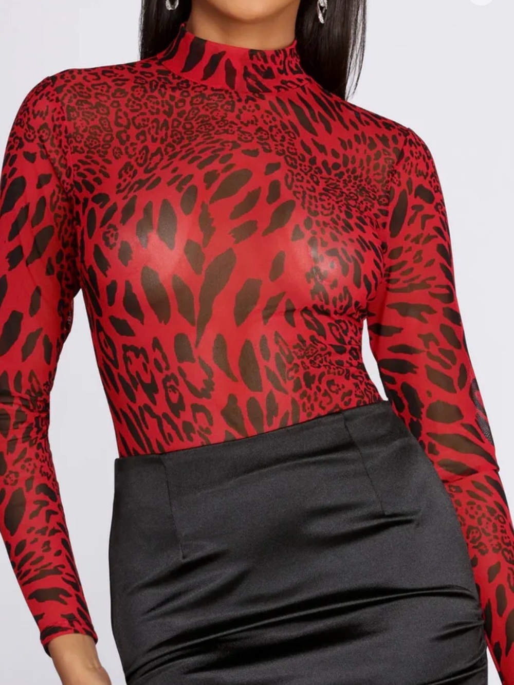 Windsor Red & Black Animal-Print Sheer Mock-Neck Long Sleeve Top